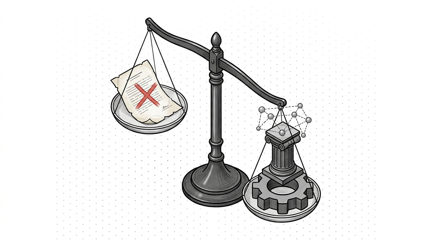 Balanza de la justicia desbalanceada: del lado izquierdo, más alto, un documento antiguo con una marca roja de descarte que representa la sustitución; del lado derecho, más pesado y bajo, una columna clásica sobre un engranaje, representando la transformación del trabajo.