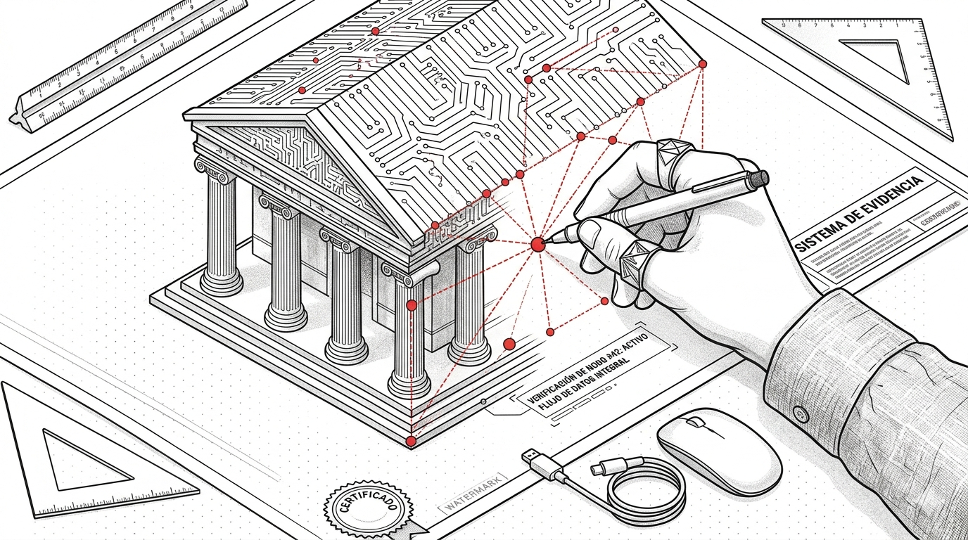 Vista cenital de una mesa de trabajo con un plano arquitectónico isométrico. Sobre el plano se está diseñando un templo griego clásico cuyo techo está cubierto por patrones de circuito electrónico. Una mano dibuja con bolígrafo puntos rojos de trazabilidad sobre el plano, conectados con líneas punteadas. Al pie del documento se lee 'SISTEMA DE EVIDENCIA' y al lado hay reglas, una escuadra, un mouse y un sello que dice 'CERTIFICADO'.